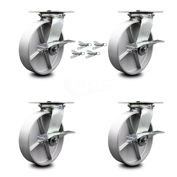 8 Inch Semi Steel Caster Set with Roller Bearings and Brakes/Swivel Locks SCC